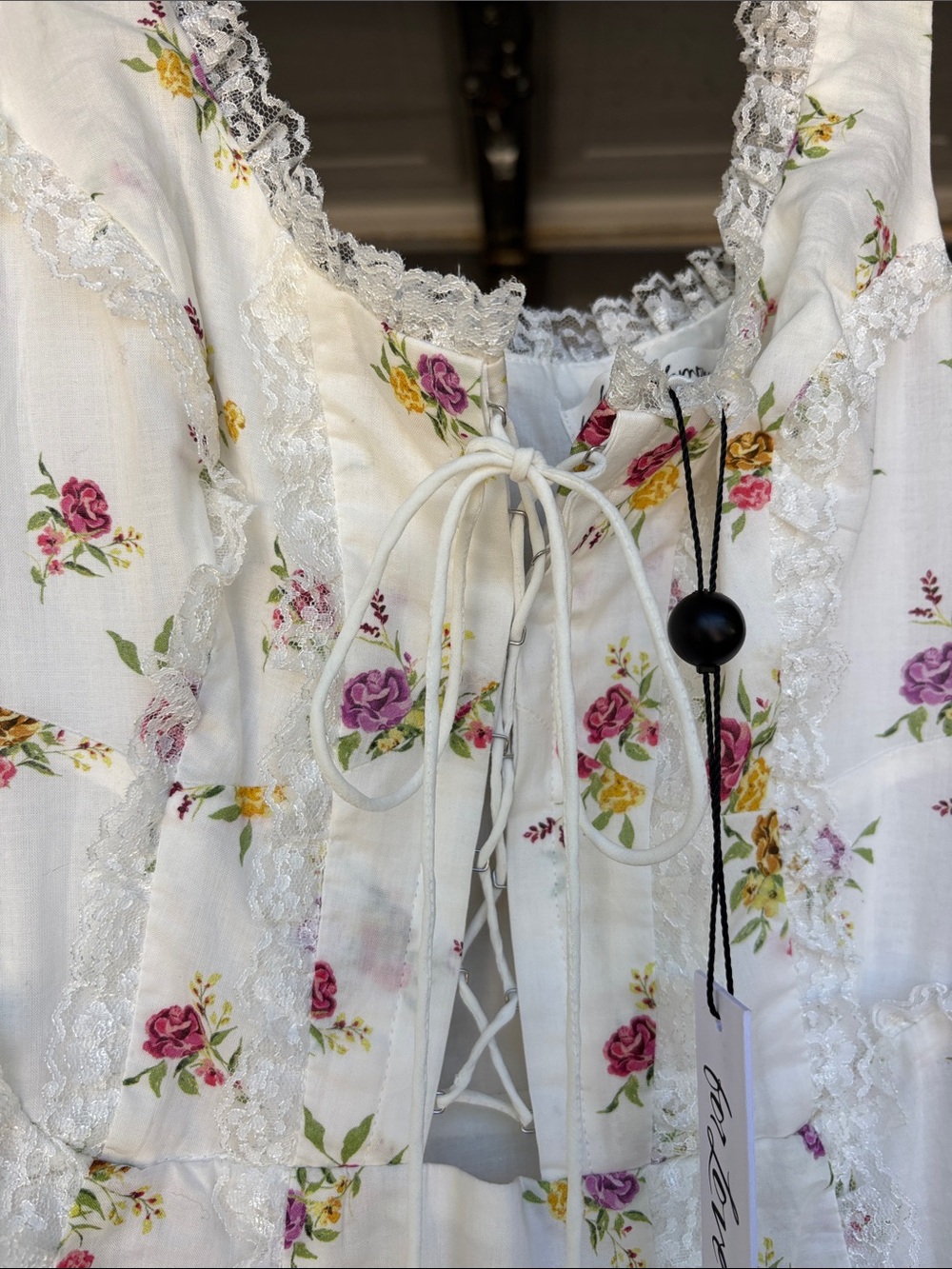 For Love & Lemons White Floral Tiered Sundress with Pink and Yellow Roses - Picture 5 of 5